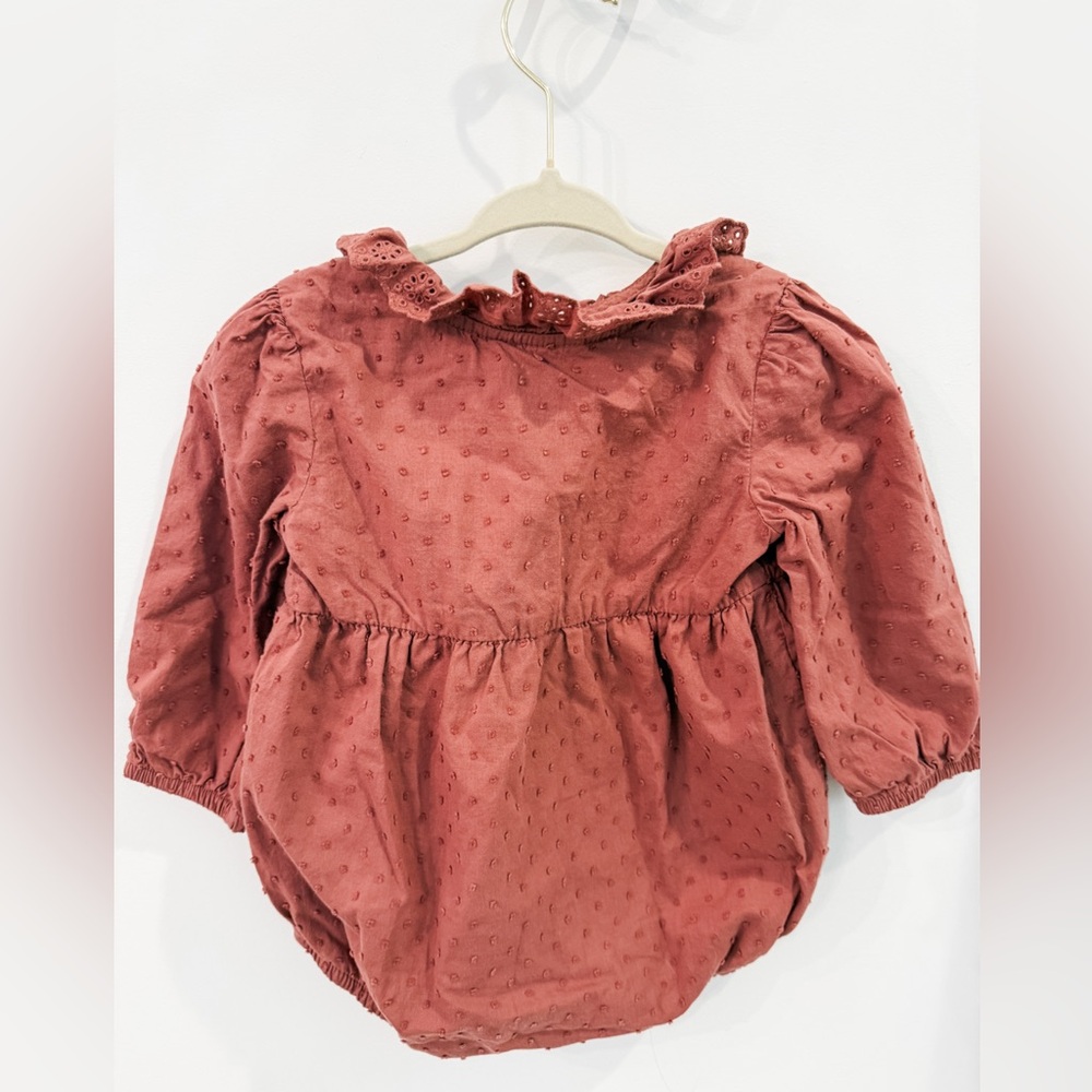 Little Planet- Baby Girl- Rust Dot Textured  Romper with Ruffle Collar